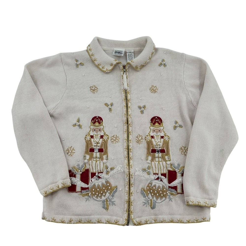 VIMSON  Nutcracker Christmas Cardigan Sweater Embroidered Pearls Zip Up Women M